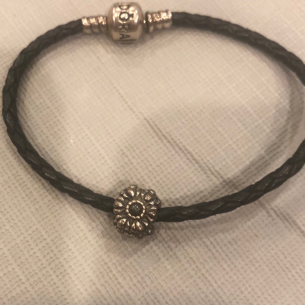 Pandora black leather bracelet with Pandora charm